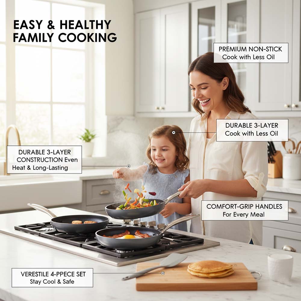 OE-017 4-Piece Non-Stick Frying Pan Set. 3 pans & nylon spatula in 20cm, 24cm, 26cm. Dishwasher-safe aluminum body. (Black) Image