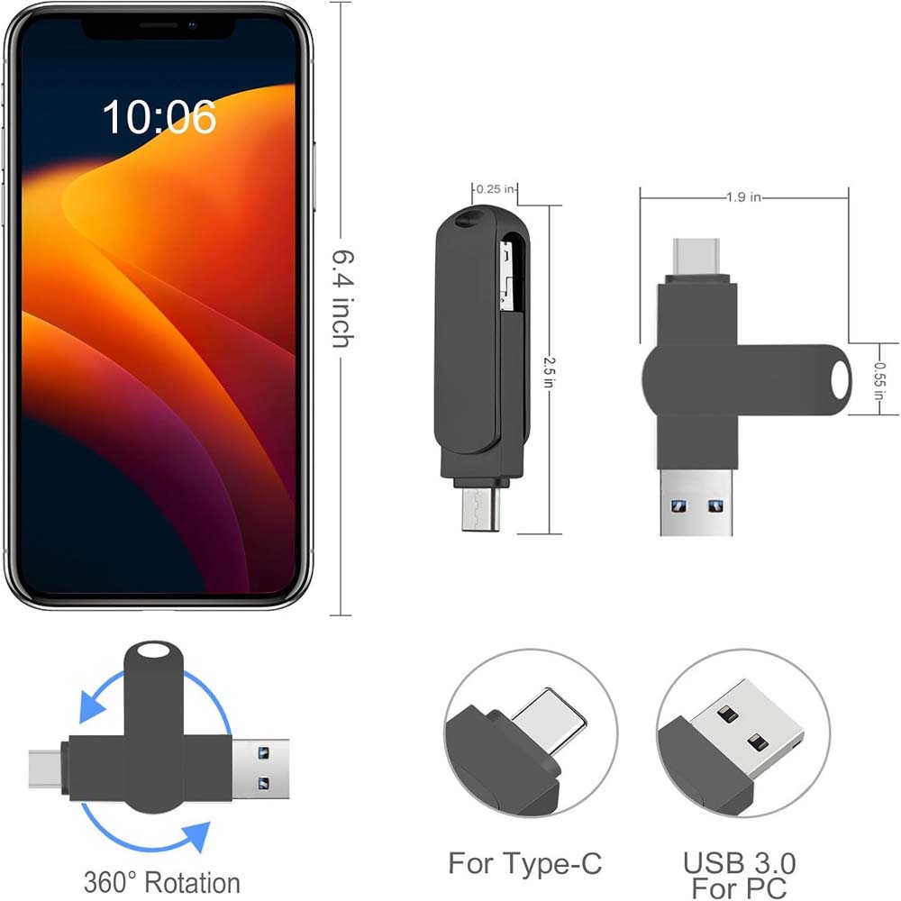 32GB USB-C Flash Drive - 170MB/s High-Speed Multi-Port Memory Stick for Android, Tablets, PCs & Phones (Black) Image