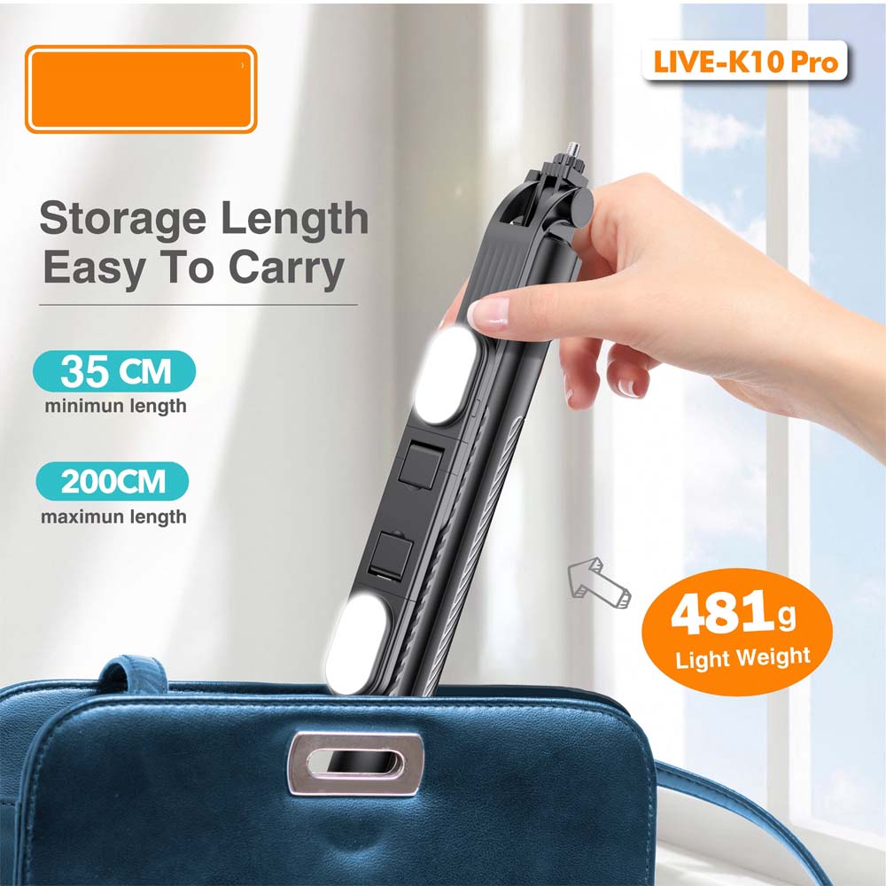 Live K10 PRO 6.5 Feet Tripod Stand Selfie Stick with 2 Chargeable Lights, Bluetooth Remote, 360° Rotatable, Compitable for DSLR, Smartphone, Vlogging, YouTube Image