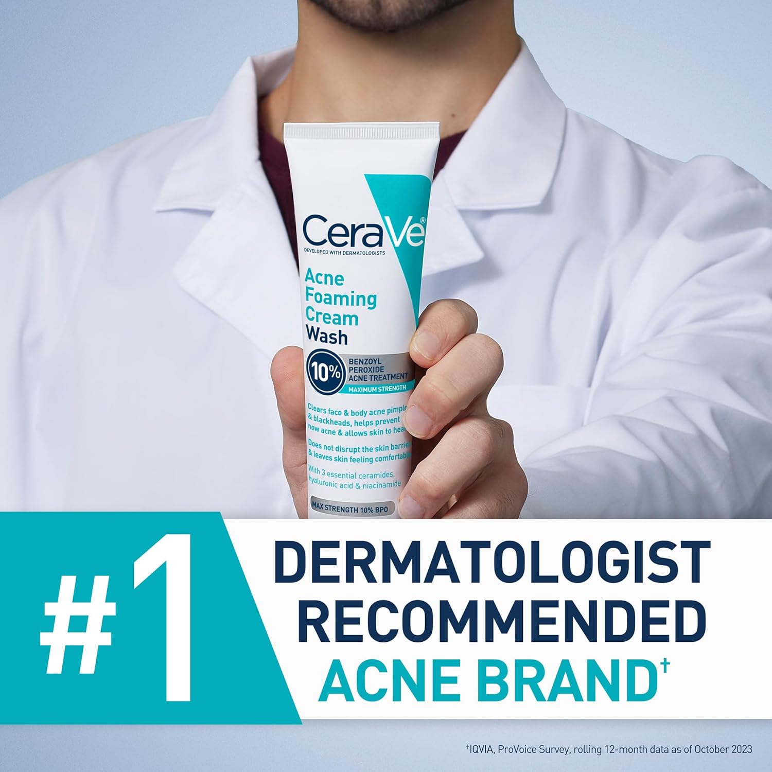 CeraVe Acne Foaming Cream Wash with 10% Benzoyl Peroxide. Treats breakouts on face & body, gentle with Niacinamide & Hyaluronic Acid. Image
