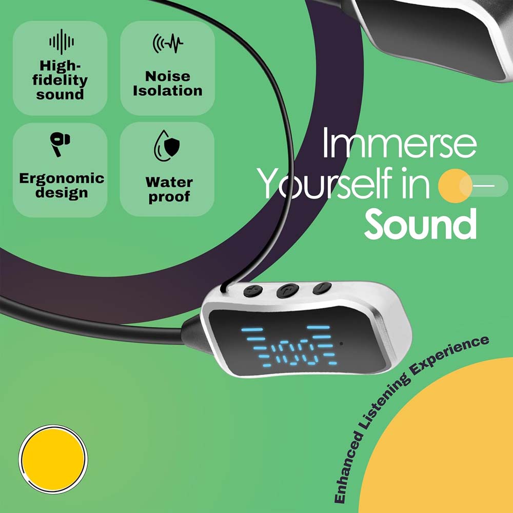 GHF-01 Wireless Neckband Headphones. 60hr playback, LED screen, deep bass, SD card mode & rainproof. Type-C charging. Image