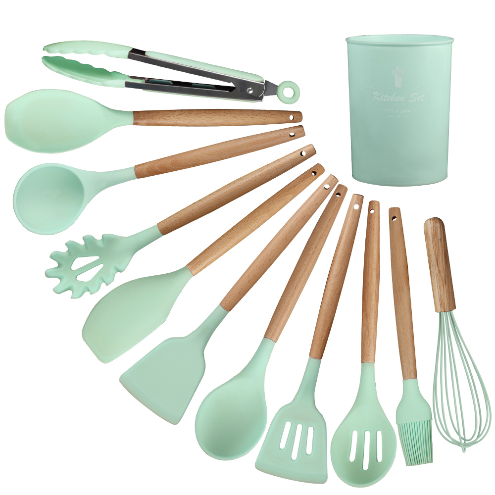 12-Piece Silicone Kitchen Set - Wooden Handles, Scratch-Resistant Baking Tools in Nylon Case, Perfect Home Kitchenware Image