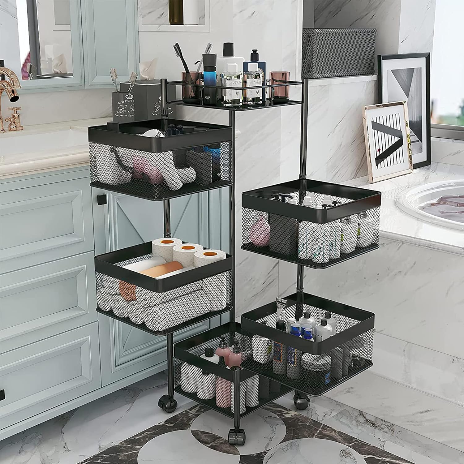 5-Layer Mobile Storage Solution | Rotatable Baskets with Wheels | Elegant Black | 92cm Image