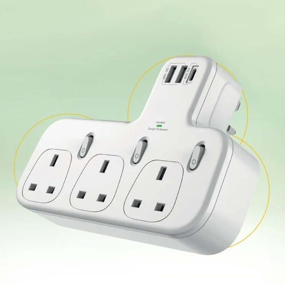 Dx871 Power Strip with 3 AC outlets, 2 USB ports & 1 PD port for fast charging. Compact modern design in white. Image