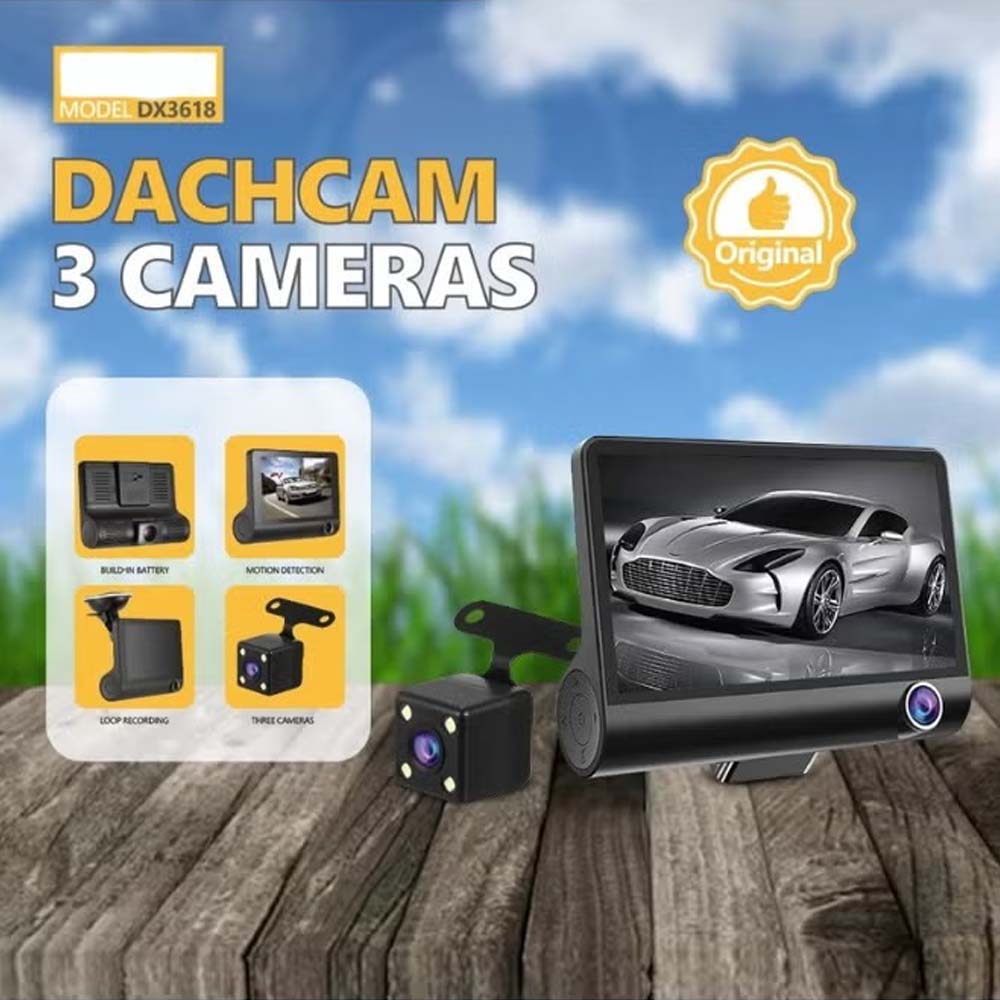 DX3618 3-Channel Car Dashcam. 4" HD display with front, rear & inside cameras. Loop recording, night vision & G-sensor. Image