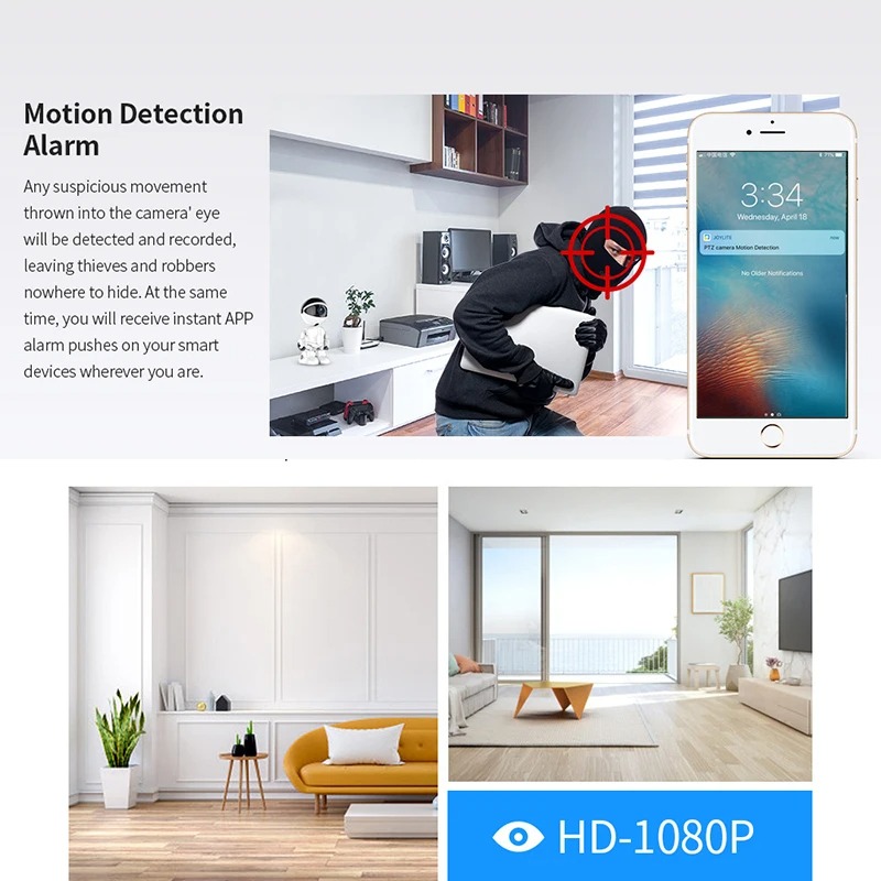1080P Robot Camera – 360° IP Security Camera with APP WiFi, Night Vision, Auto Tracking, and Baby Monitor Features Image