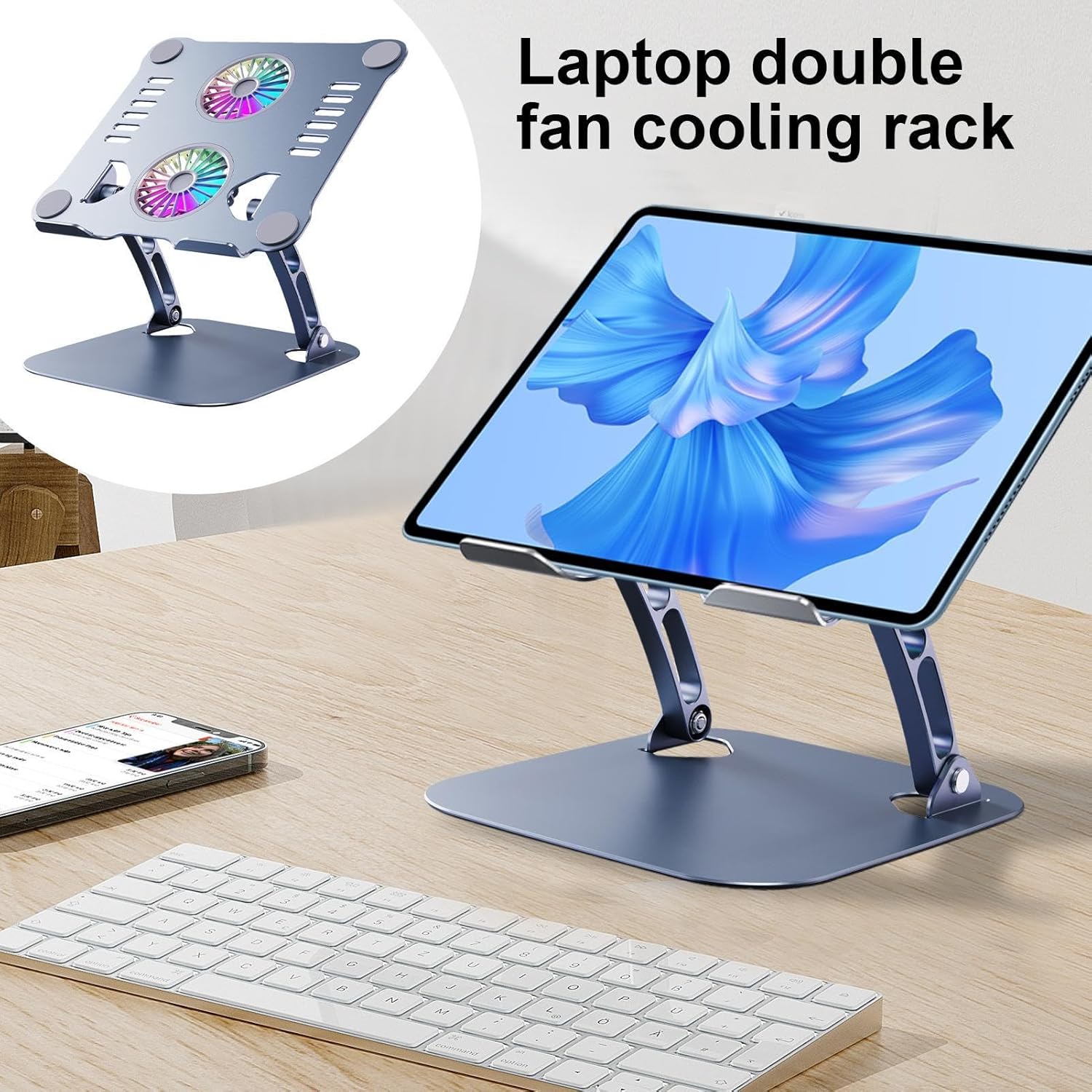 Adjustable Aluminum Desktop Laptop Stand with Cooling Fan, Foldable Minimalist Design, Ergonomic Portable Laptop Stand for Work & Study Image
