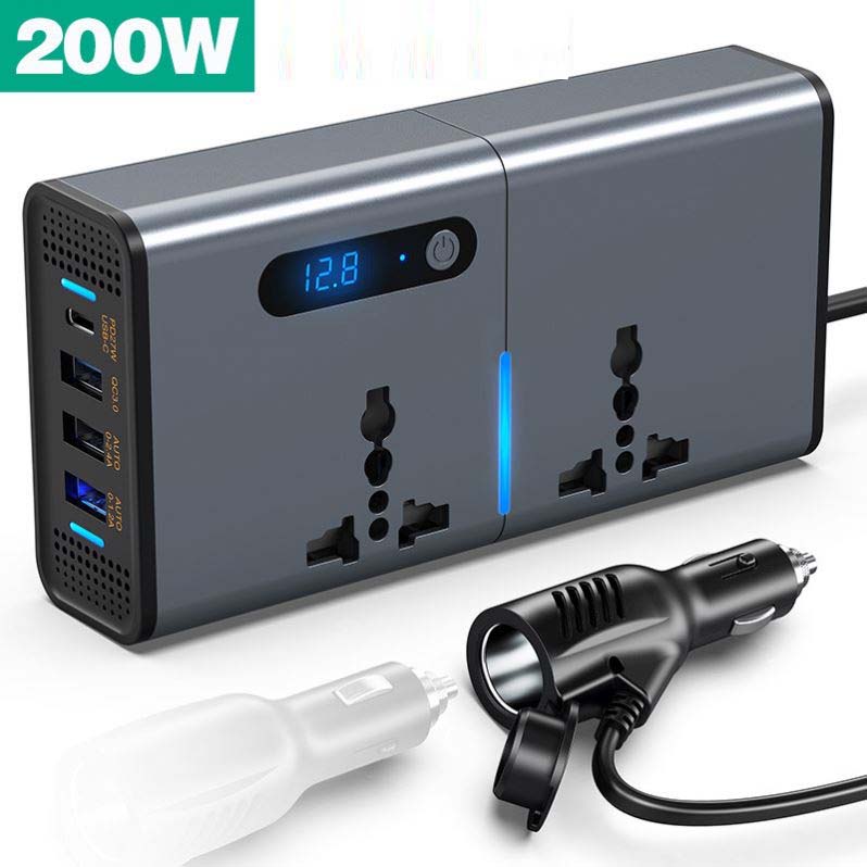 200W Universal Socket Power Inverter DC to AC Converter – 12V/24V Car Inverter with USB Charging Ports for Phones & Tablets, Multi-Purpose Charging Image
