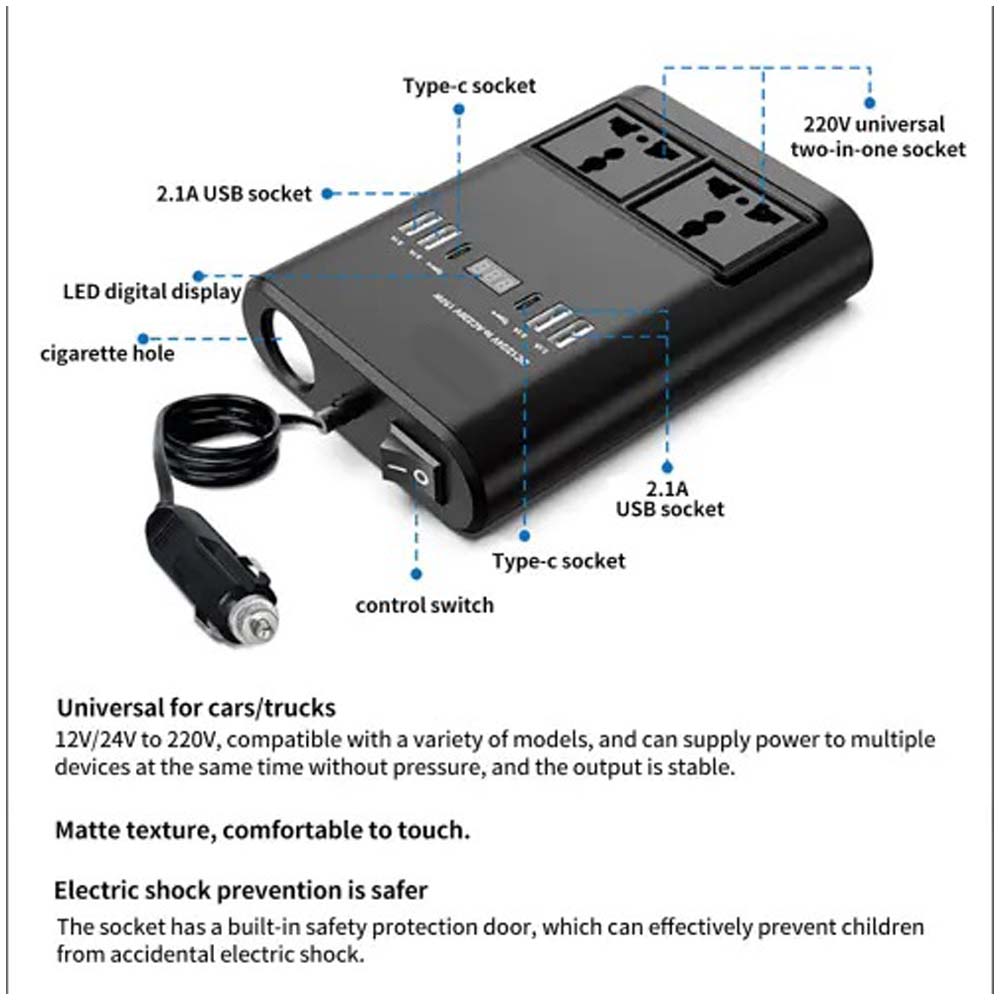 150W Universal Car Inverter - Multi-Port Travel Adapter with USB & AC Outlet for Global Use Image