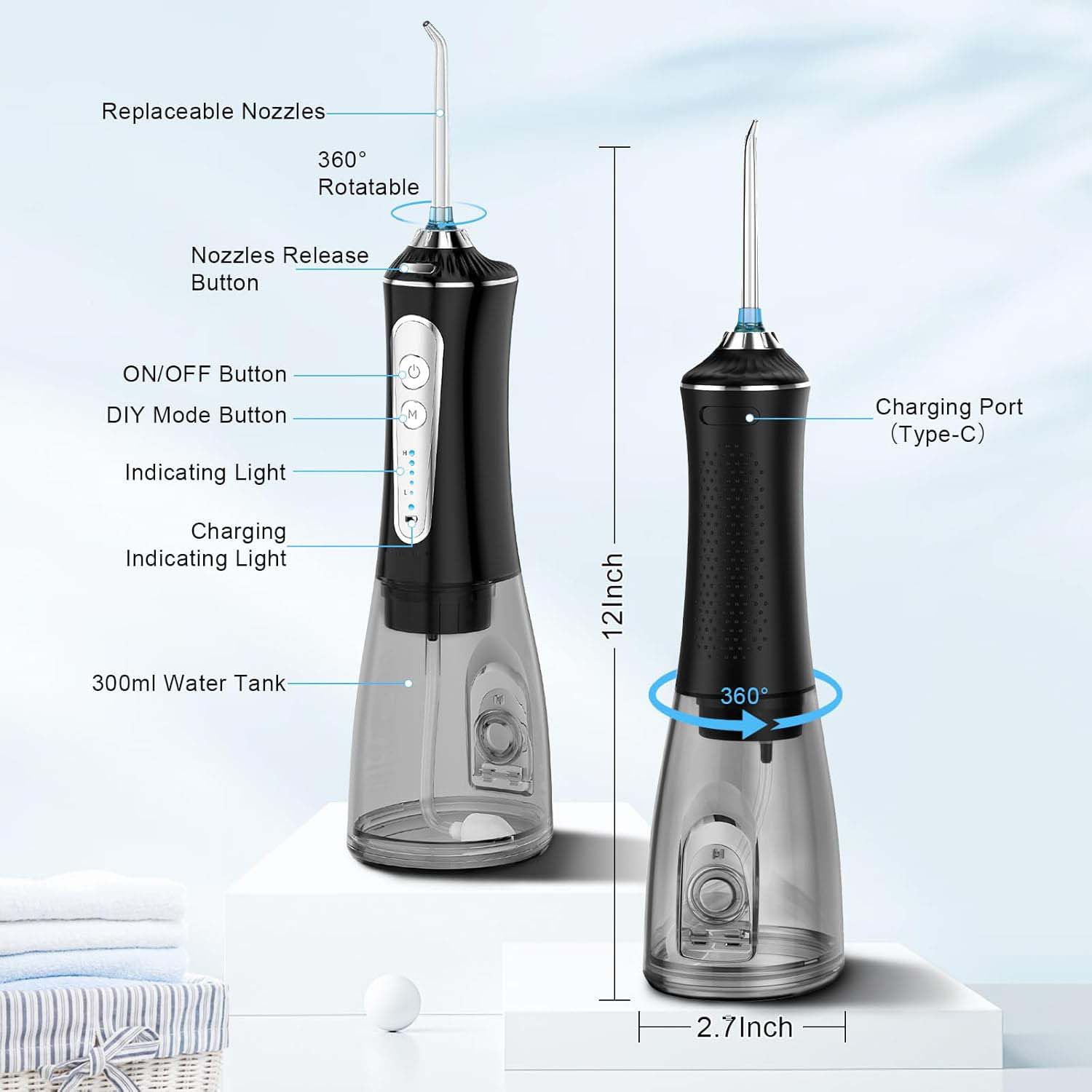 Cordless Water Dental Flosser - 5 Cleaning Modes, IPX7 Waterproof, Portable Oral Irrigator for Home & Travel (Black) Image