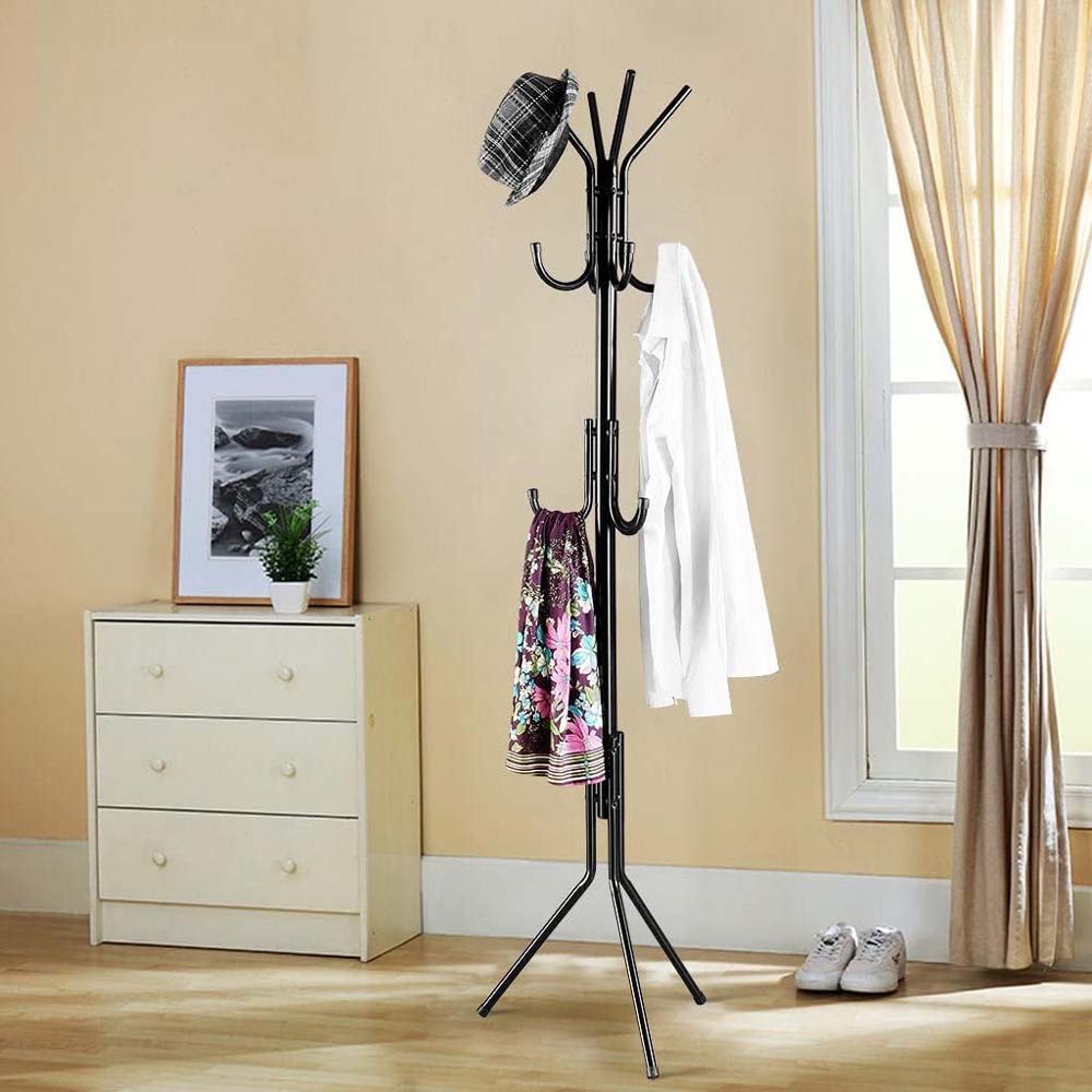 12-Hook Coat Rack Stand - Wrought Iron Clothing Hanger with Shelves, Freestanding Wardrobe Organizer for Bedroom/Entryway Image