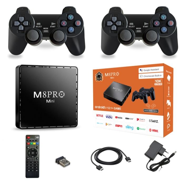 M8 Pro Mini Game TV Box – 64GB HD Retro Game Console with 2.4G Wireless Gamepad, Android 12 Dual System Set-Top Box Image