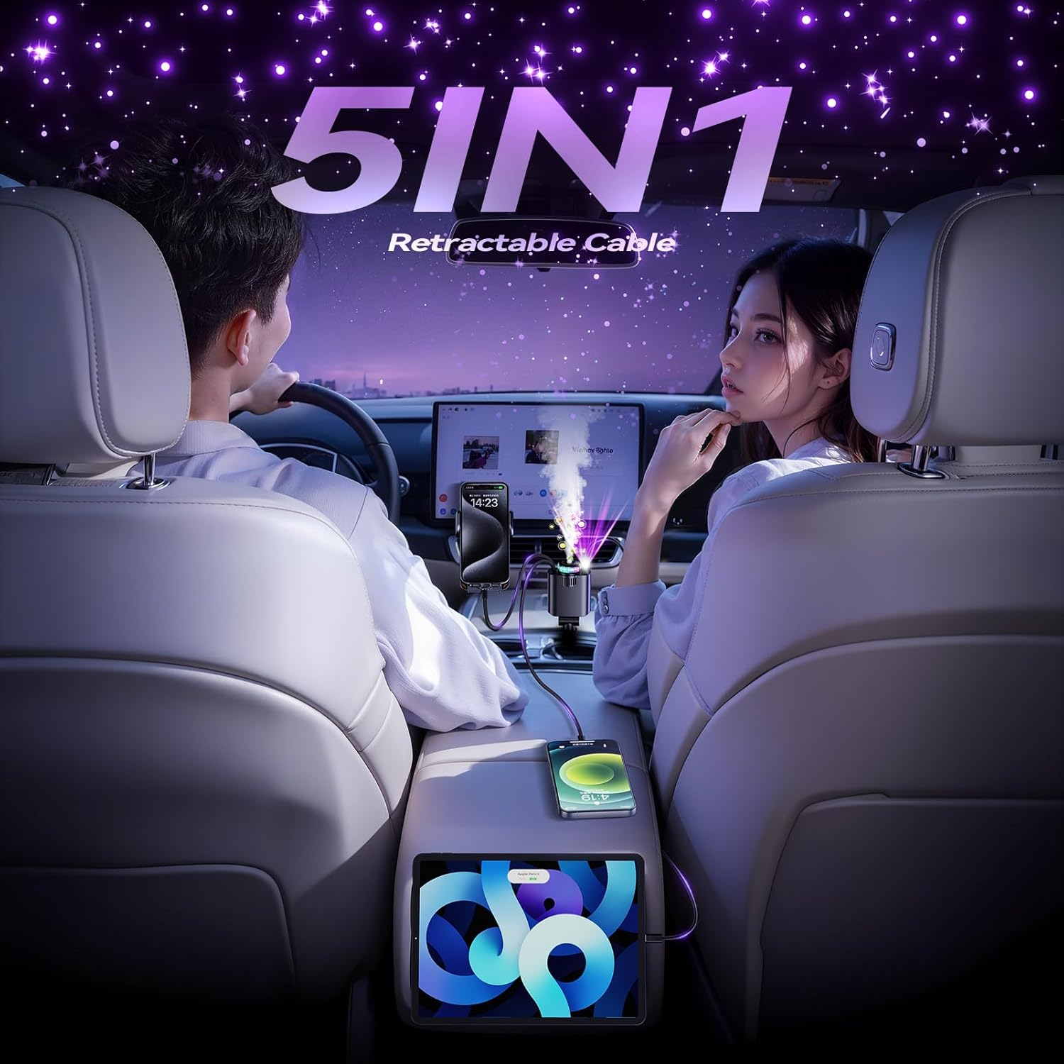 Luxury Retractable Car Charger with Aroma Therapy & Starlight Ambient Lighting. USB C adapter & car air freshener combo. Image