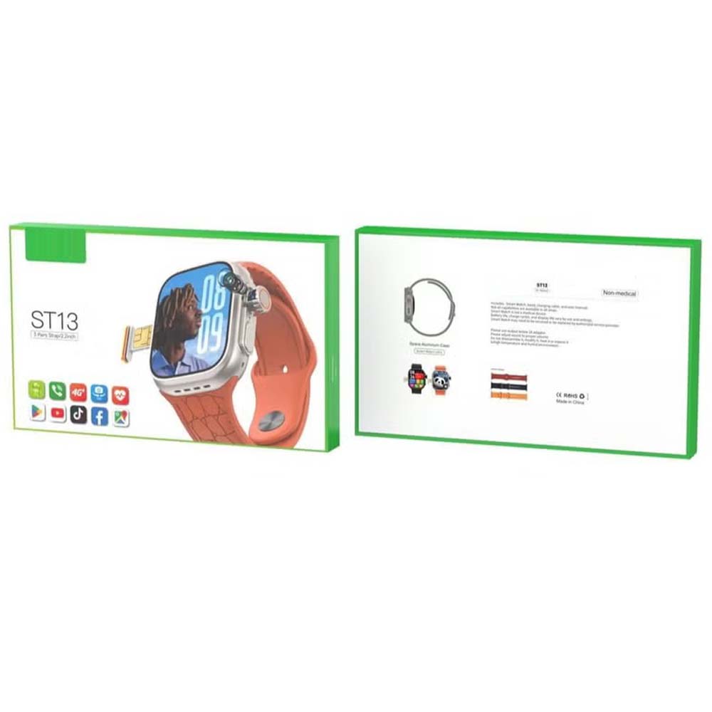 ST13 Smart Watch: 2.2" full-screen display, 4G SIM support, 3 straps & wireless charger. Unisex black design for ladies & gents. Image