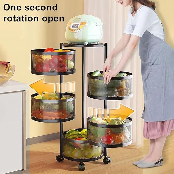 5-Tier Kitchen Storage Shelf - Rotatable Fruit & Vegetable Basket with 360° Swivel Wheels | Circular Rotating Storage Rack for Kitchen, Pantry, Bathroom, and More | Large Capacity Metal Organizer for Snacks, Spices, and Produce Image