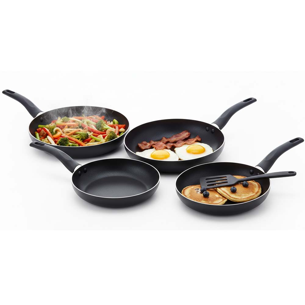 OE-017 4-Piece Non-Stick Frying Pan Set. 3 pans & nylon spatula in 20cm, 24cm, 26cm. Dishwasher-safe aluminum body. (Black) Image