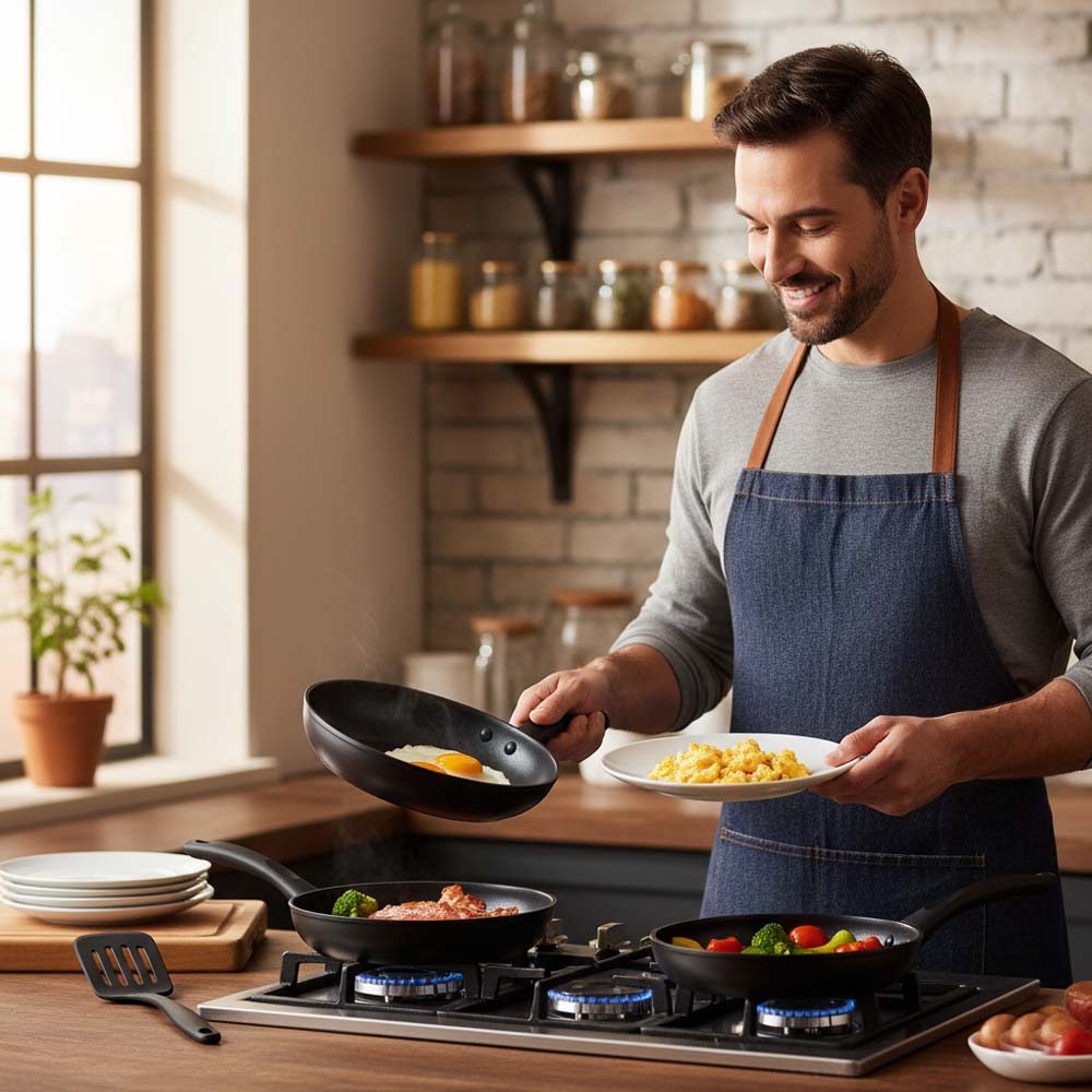 OE-017 4-Piece Non-Stick Frying Pan Set. 3 pans & nylon spatula in 20cm, 24cm, 26cm. Dishwasher-safe aluminum body. (Black) Image