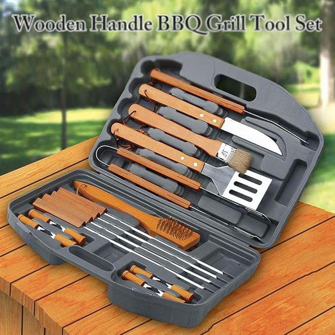 BBQ Tool Set 18-Piece | Stainless Steel with Wooden Handles | Ideal Christmas or Birthday Gift for Men, Dad, and Women Image