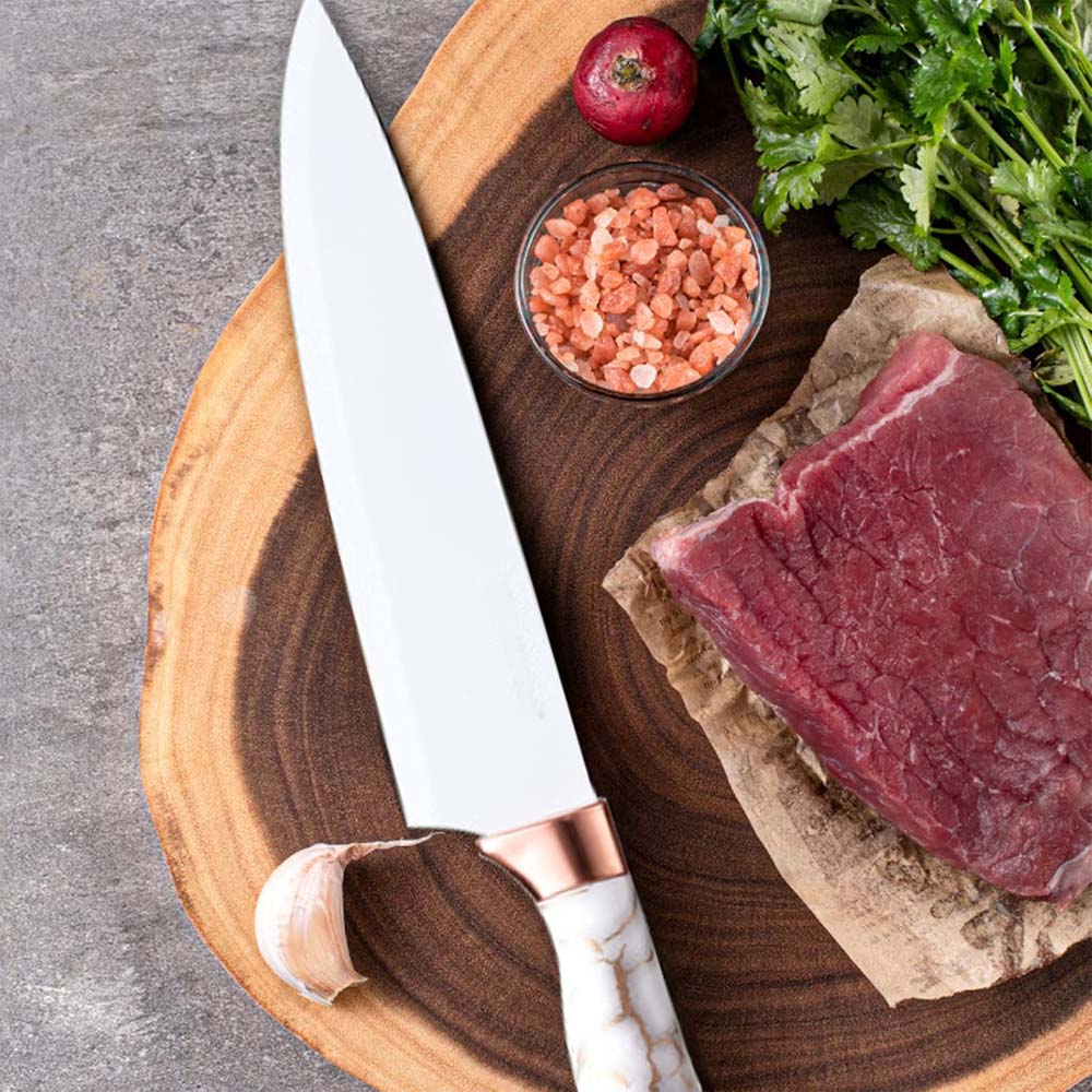 9-Piece White Kitchen Knife Set Ultra-sharp non-stick blades with cracked handle design & acrylic stand. Perfect gift set. Image