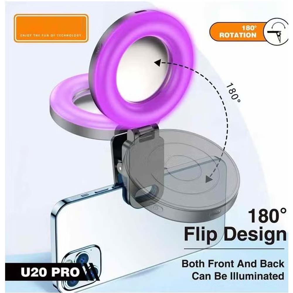 U20 PRO Ring Selfie Light - RGB Clip LED Fill Light with Tripod, Portable Mini Video Lighting for Phone & Camera (Black) Image