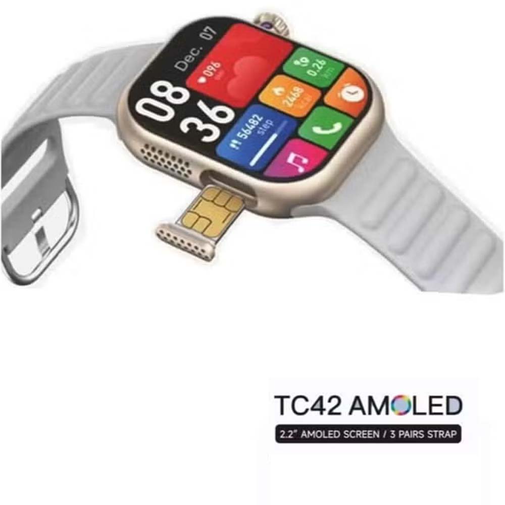 TC42 AMOLED 4G Smartwatch. 2.2" display, 8MP camera, SIM card slot. Unisex design with 3 straps in silver. Image