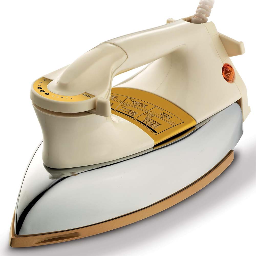 OE-21 Dry Iron with Teflon Coating. Suitable for all fabrics, ensuring smooth, scratch-free ironing. White and golden design. Image