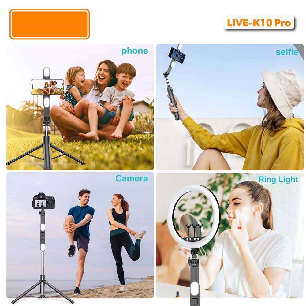 Live K10 PRO 6.5 Feet Tripod Stand Selfie Stick with 2 Chargeable Lights, Bluetooth Remote, 360° Rotatable, Compitable for DSLR, Smartphone, Vlogging, YouTube Image