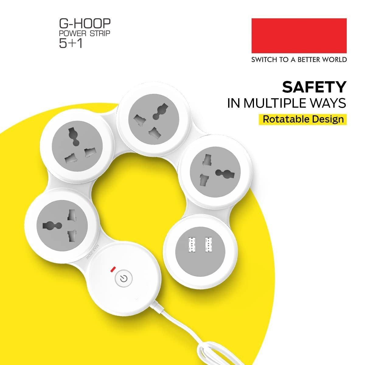 3276 Cuba Power Strip with 2 USB 3.1A, Master Switch, 4 International Sockets, Safety Shutter, 1.8 m Cable – Ideal for Home & Office Image