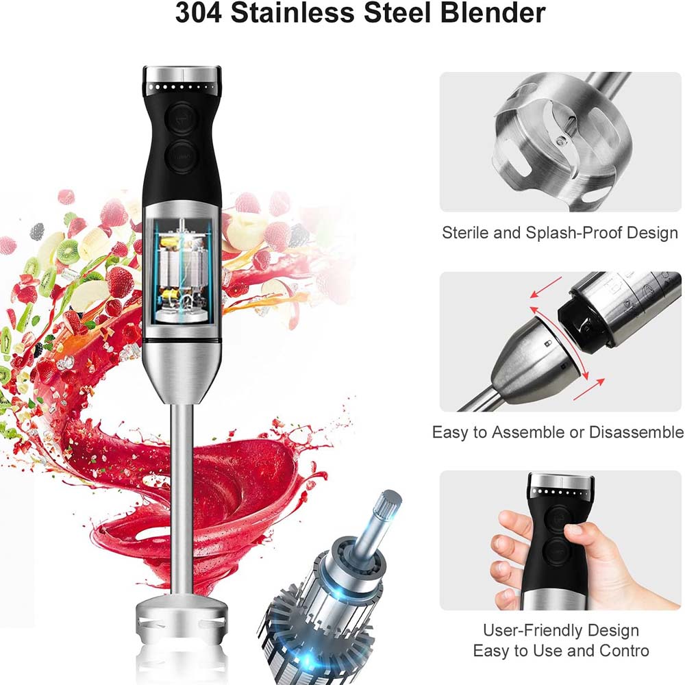 9-Speed Hand Blender - 5-in-1 Stainless Steel Handheld Mixer with Whisk, 700ml & 500ml Containers, Dishwasher Safe Image