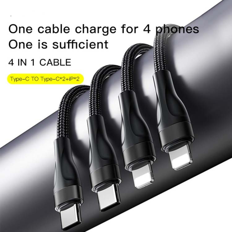 CA110 4-in-1 Type-C Data Cable – Multi-Device Charging Cable with 2 Type-C and 2 Lightning Connectors, 120cm Nylon Braided Fast Charger with Intelligent Constant Temperature Control, 20W 4A Output Image