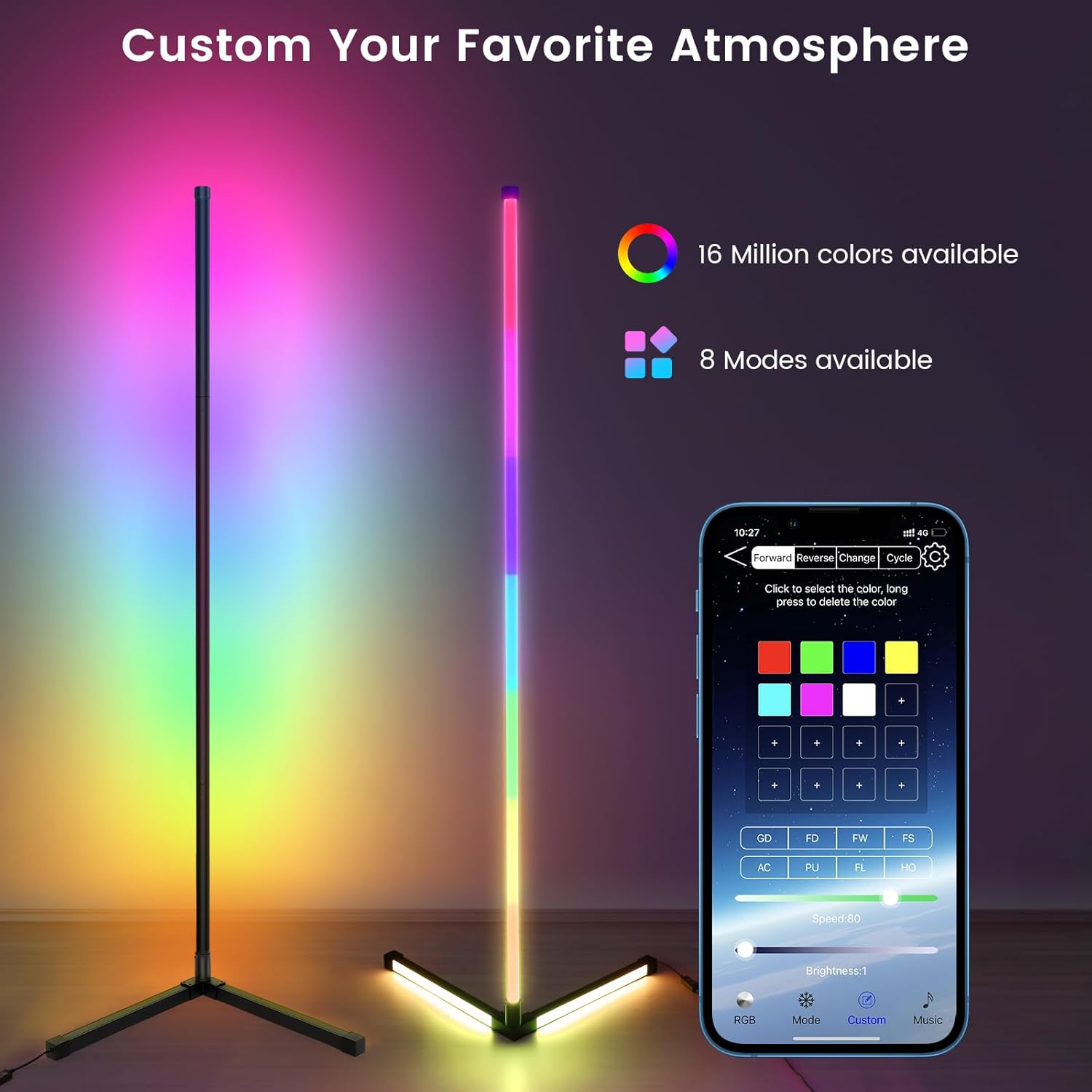 Smart RGB LED Floor Lamp, 62.2” Corner Light with APP & Remote Control, Music Sync & Timer, Modern Color-Changing Mood Lighting for Living Room, Bedroom, Gaming Room Image