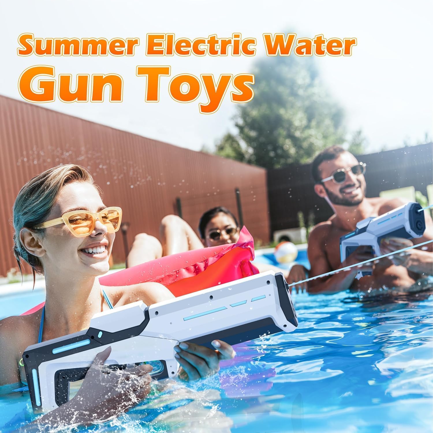 Electric Water Gun with Automatic Suction. 25-32ft range waterproof toy for adults & kids. Summer pool beach party fun. Image