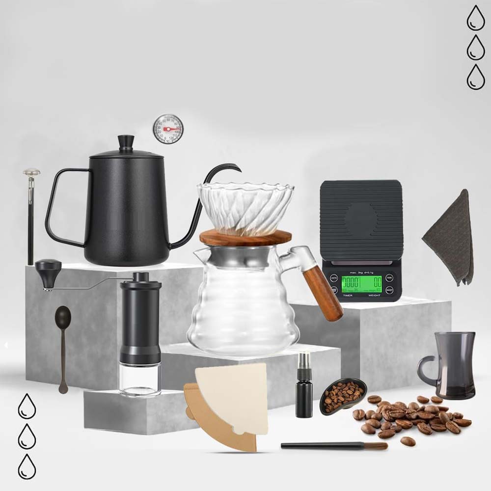 DX-2573 12-PC Pour Over Coffee Kit - Complete Set with Wooden Dripper & Travel Bag, Perfect Gift for Coffee Lovers Image