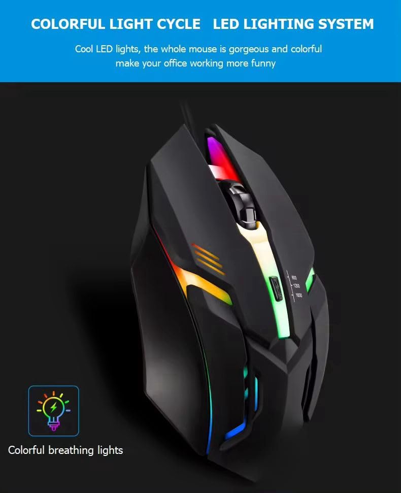 Wired Gaming Mouse with RGB Lights - Adjustable DPI & Ergonomic Design | Braided Cable, Metal Bottom & 4 Programmable Buttons | High-Precision Optical Mouse for Laptop & Computer Gaming | Durable 125cm USB Cable for Seamless Connection | Ideal for Gamers & Professionals | Sleek, Lightweight Gaming Mouse for Enhanced Control & Comfort Image