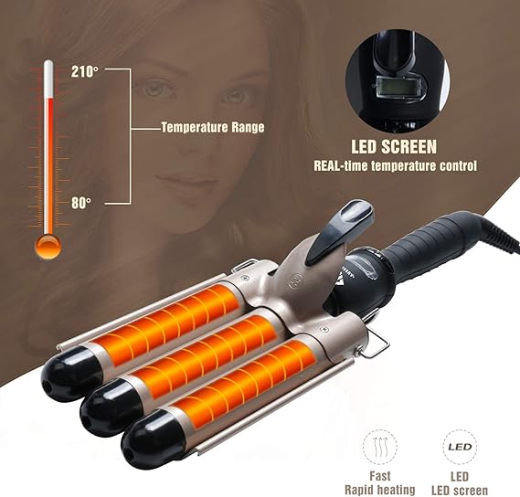 3-Barrel Ceramic Hair Curler Wand – Waver Curling Iron with LCD Display and 14 Adjustable Temperatures (80-210°C) Image