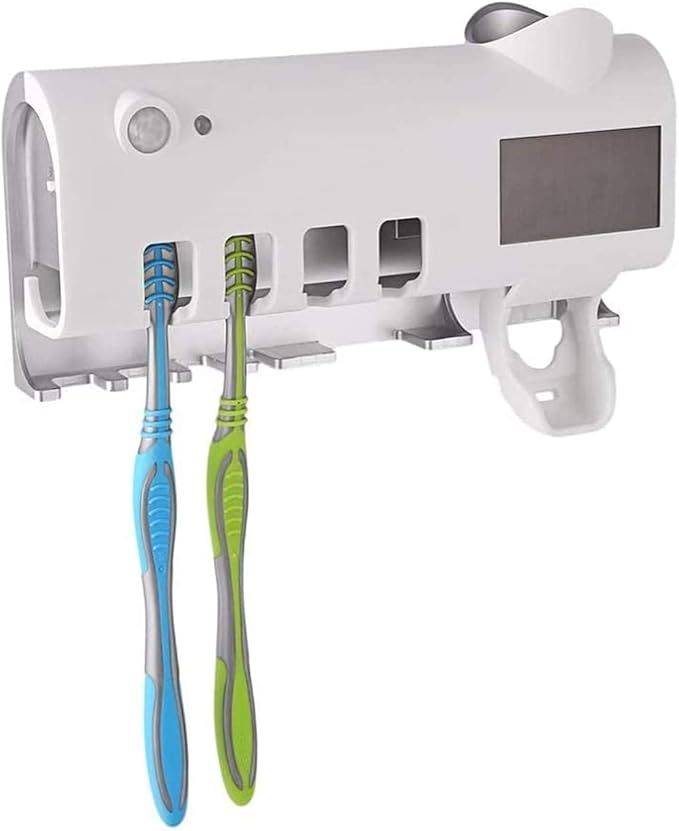 3-in-1 Intelligent Photosensitive Toothpaste Dispenser | Wall Mounted USB Rechargeable Solar Power Toothbrush Holder (White) Image