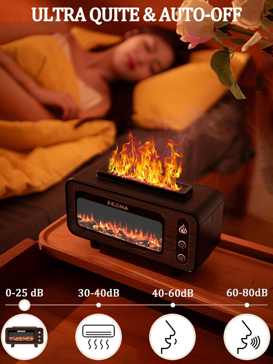 Wood Grain Fireplace Diffuser | 7-Color Flame Humidifier | Silent Auto Shut-Off Aroma Diffuser | Simulated Fire Light for Living Room, Bedroom Image