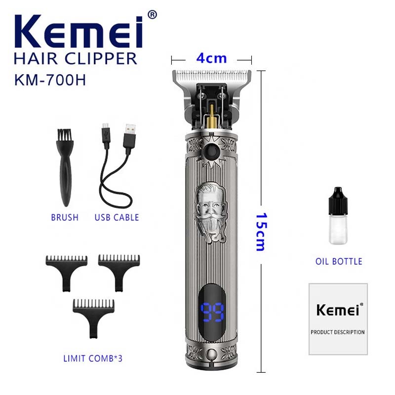 KM-700H Professional Cordless Hair Clipper. LCD display, 1500mAh USB rechargeable, adjustable blades & metal body for barbers. Image