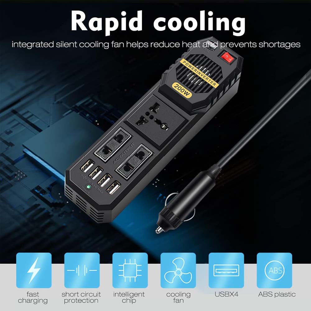 200W Car Power Inverter - DC 12V to AC 220V Converter with 2 AC Outlets, 4 USB Ports & Cigarette Lighter Socket Image