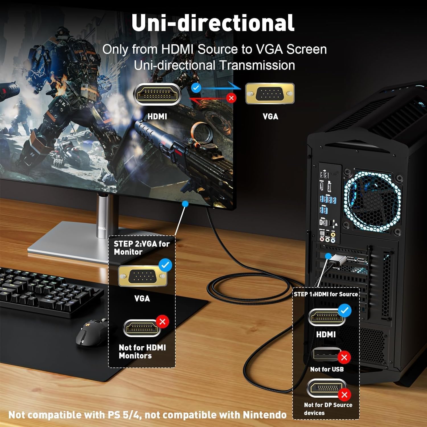 1.5 Meter WGL HDMI Male to VGA Male Video Converter Adapter Cable | Connect LCD TV, Projector, Digital Camera, DVD | 1PC | Seamless Video Transmission Image