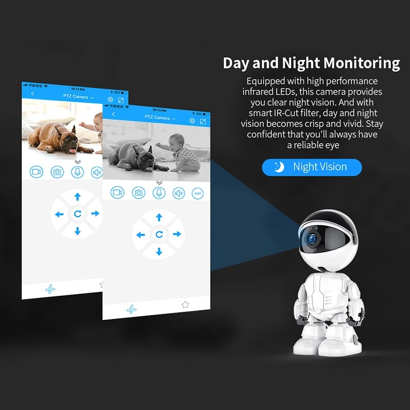 1080P Robot Camera – 360° IP Security Camera with APP WiFi, Night Vision, Auto Tracking, and Baby Monitor Features Image