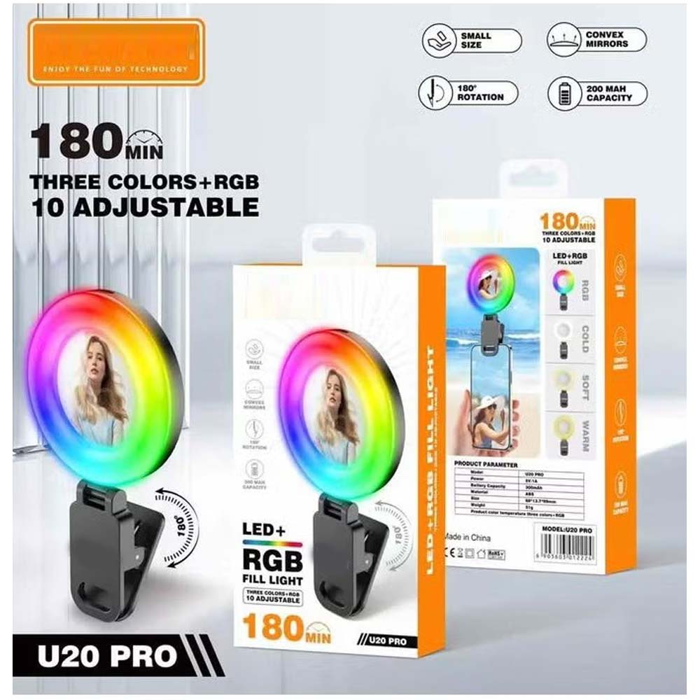 U20 PRO Ring Selfie Light - RGB Clip LED Fill Light with Tripod, Portable Mini Video Lighting for Phone & Camera (Black) Image