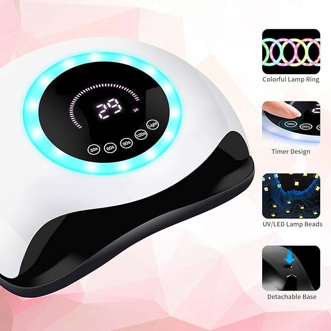 UV LED 168W Nail Lamp - Professional Nail Dryer with 42 LEDs for Gel Nail Polish, Fast Curing Nail Light with 4 Timer Settings, Colorful LED Ring & Smart Sensor, Perfect for Salon and Home Use Image