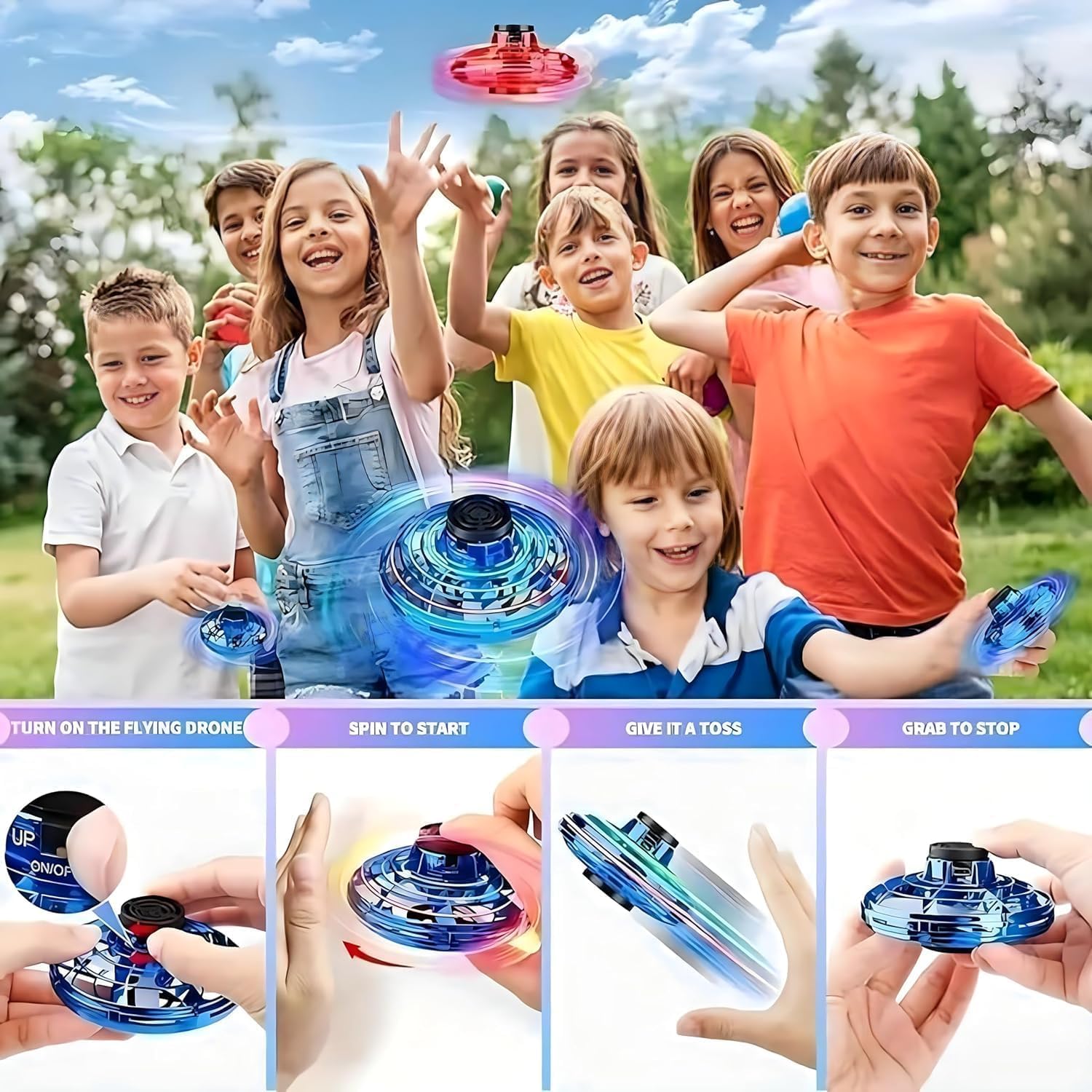 UFO Hand Controlled Mini Drone LED flying fidget spinner with 360° rotation. USB rechargeable toy for boys & girls. Image