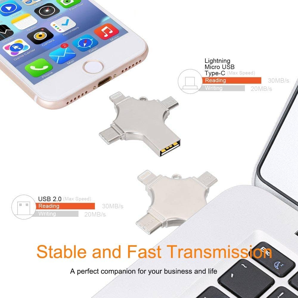 256GB 4-in-1 USB 3.0 Flash Drive - Compatible with iPhone, Android, iPad, Mac, PC, Galaxy S, Windows | High-Speed USB A, USB C, Micro USB & iPhone Connector | Ultra-Fast Thumb Drive, Jump Drive, Memory Stick, Portable Hard Drive Image