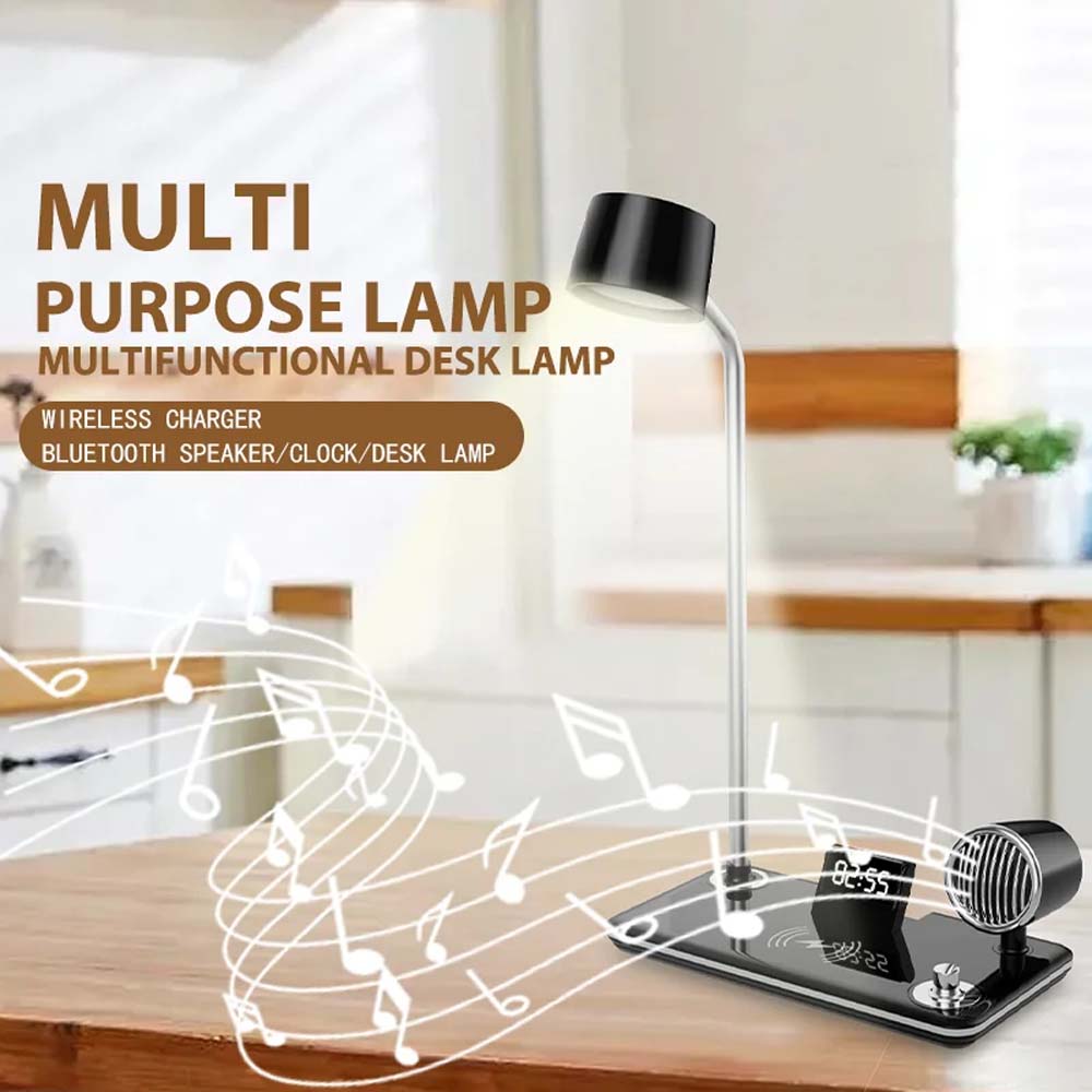 LED Desk Lamp with Wireless Charger, Bluetooth Speaker, Clock & Night Light - Modern Multifunctional Touch Control Design Image