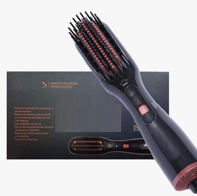Professional 3-in-1 Hair Styling Brush with Hair Dryer, Straightener & Volumizer - Ionic Technology, Multiple Heat Settings for All Hair Types, Anti-Frizz Blowout Styler Brush, Ergonomic Design for Salon-Quality Results at Home and Travel Image