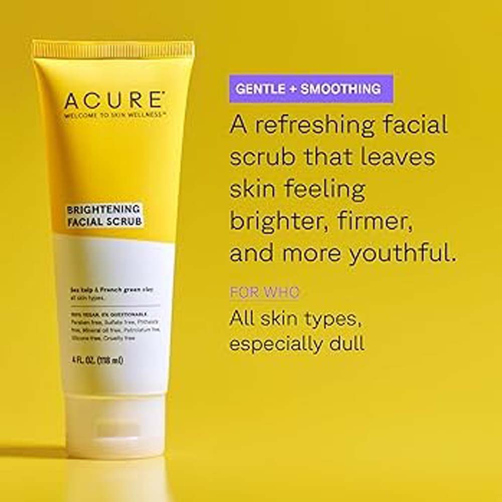 Acure Brightening Facial Scrub - Exfoliating Face Wash with Sea Kelp & French Green Clay, Gentle Daily Scrub for Radiant Skin Image
