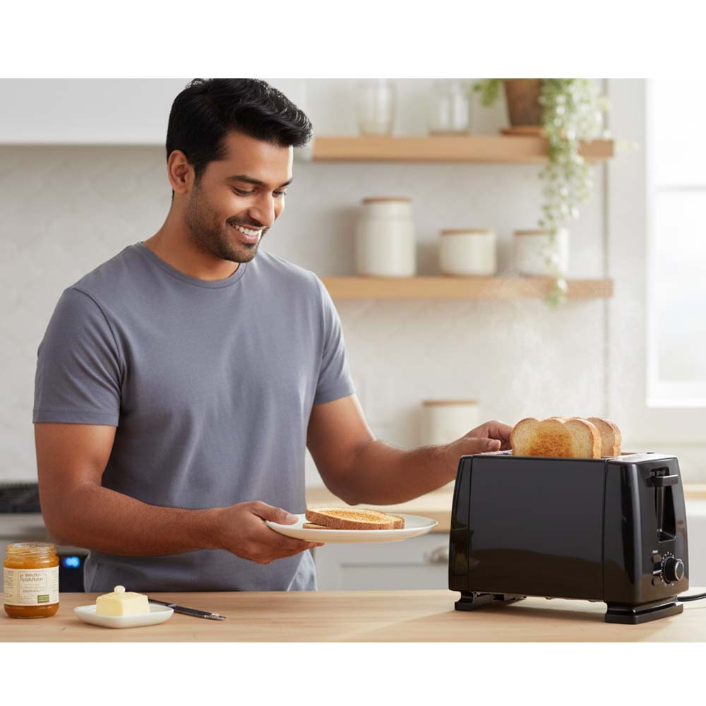 OE-505 2-Slice Toaster. Compact toaster with auto pop-up and removable crumb tray for easy cleaning. Simple & efficient. Image