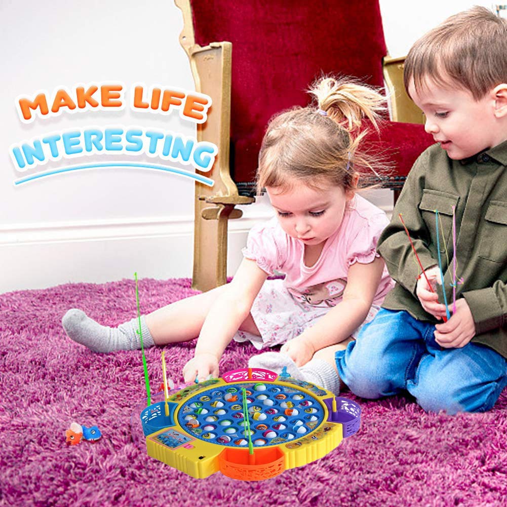 Fishing Game Electronic Musical Rotating Toy with 45 Fish & 4 Fishing Rods, Fun Learning Game, Gift for Kids of All Ages, Birthday Gift - Blue Image